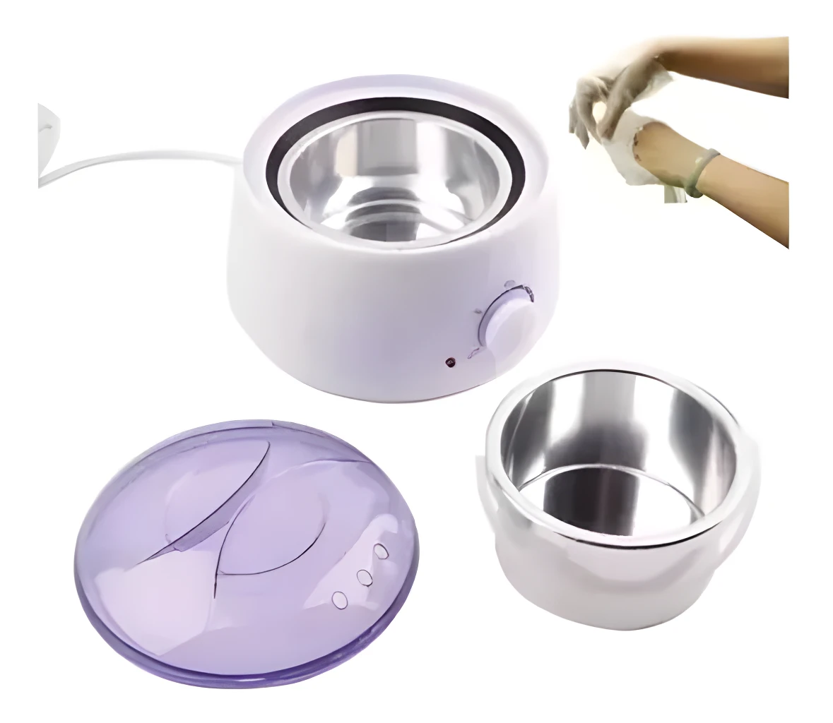 Olla de cera depilatoria con tapa y recipiente metálico, ideal para tratamientos de belleza.