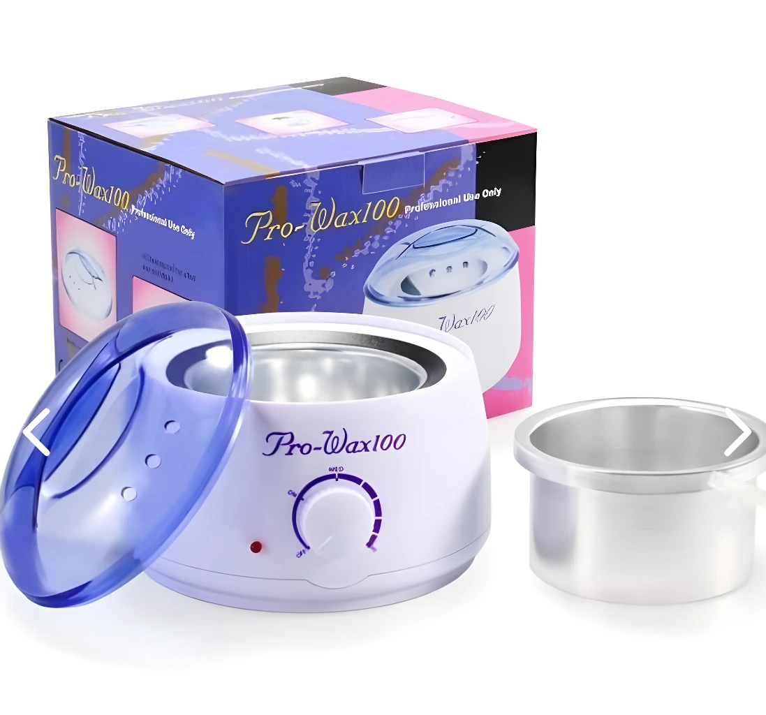 Combo olla de cera depilatoria Pro-Wax100 con tapa azul y recipiente metálico.