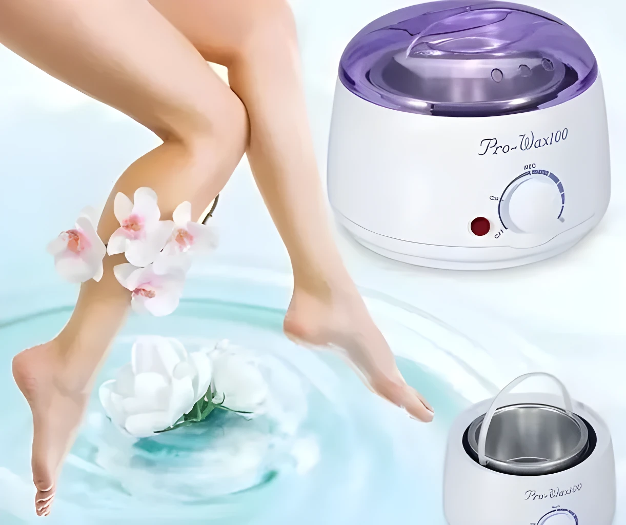 Combo Olla de Cera Depilatoria Pro-Wax 100 con piernas suaves y orquídeas blancas.