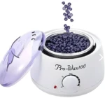 Combo olla de cera depilatoria Pro-Wax100 con perlas de cera azul, tapa transparente y control de temperatura.