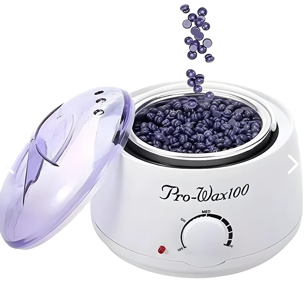 Combo olla de cera depilatoria Pro-Wax100 con perlas de cera azul, tapa transparente y control de temperatura.