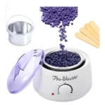Combo olla de cera depilatoria Pro-Wax100 con cera morada en perlas y aplicadores.
