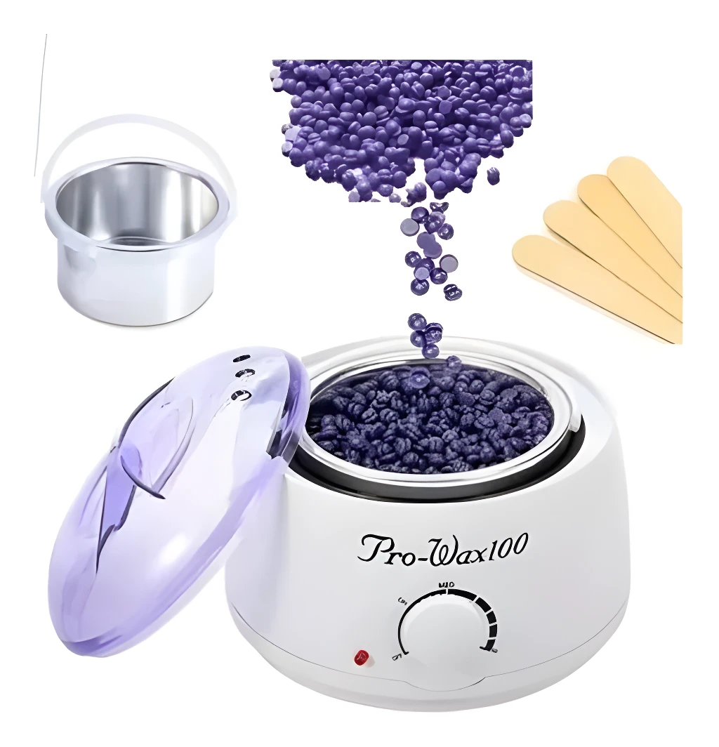 Combo olla de cera depilatoria Pro-Wax100 con cera morada en perlas y aplicadores.