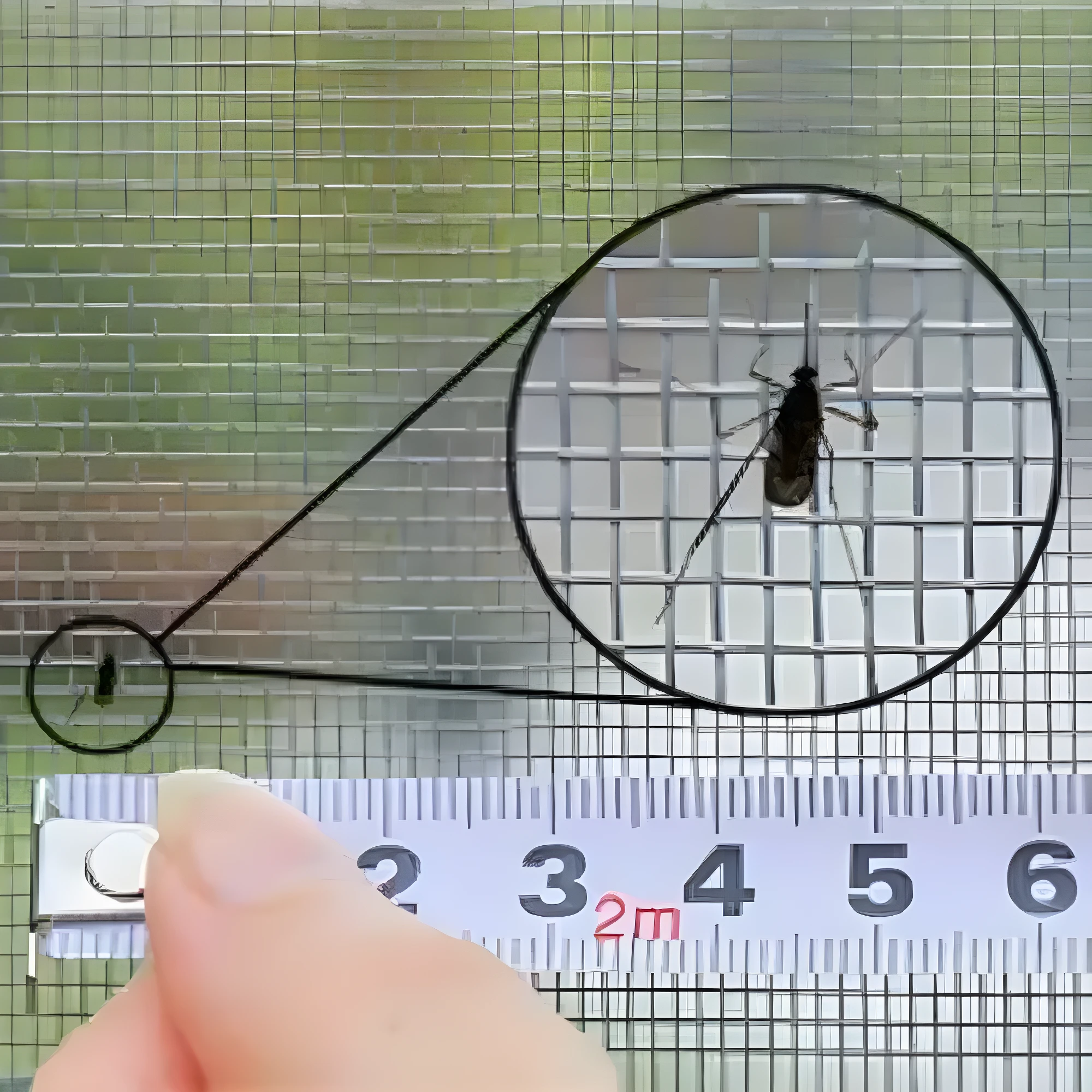 Mosquitero para ventana con ampliación de insecto y cinta métrica.