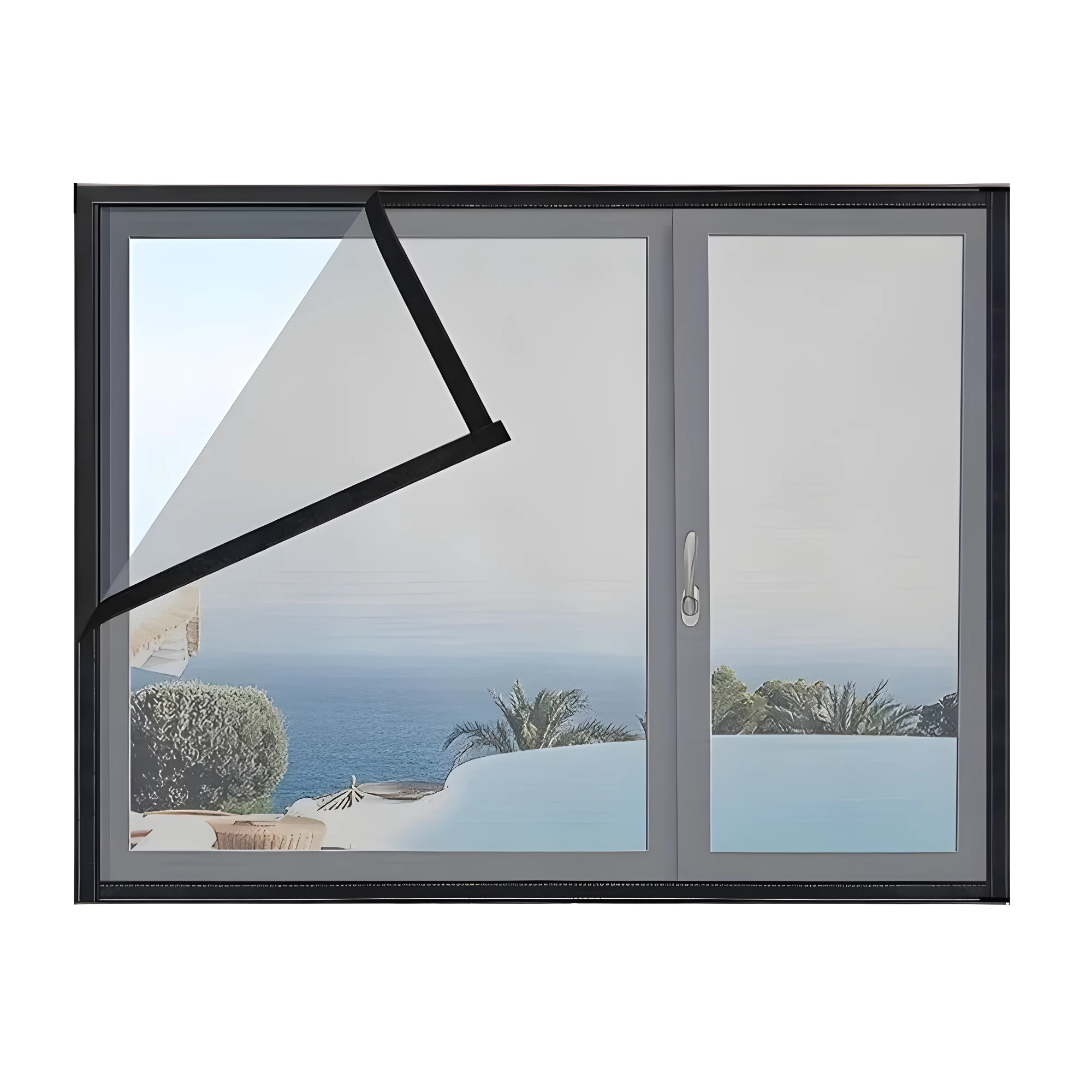 Cortina malla anti mosquitos para ventanas correderas con vista al mar.