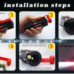 Destornillador multifuncional 8 en 1 con linterna LED, pasos de instalación y baterías.