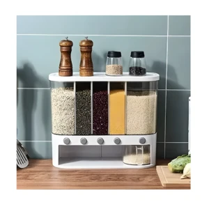 Dispensador organizador de granos con 5 compartimentos y accesorios de cocina.