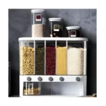 Dispensador organizador de granos con 5 compartimentos y dispensador inferior.