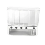Dispensador organizador de granos blanco con 4 compartimentos transparentes y dispensadores individuales.
