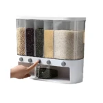 Dispensador organizador de granos con 5 compartimentos y dispensador lateral.