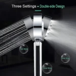 Ducha multifuncional con tres modos: lluvia, spray y pausa. Diseño doble cara.
