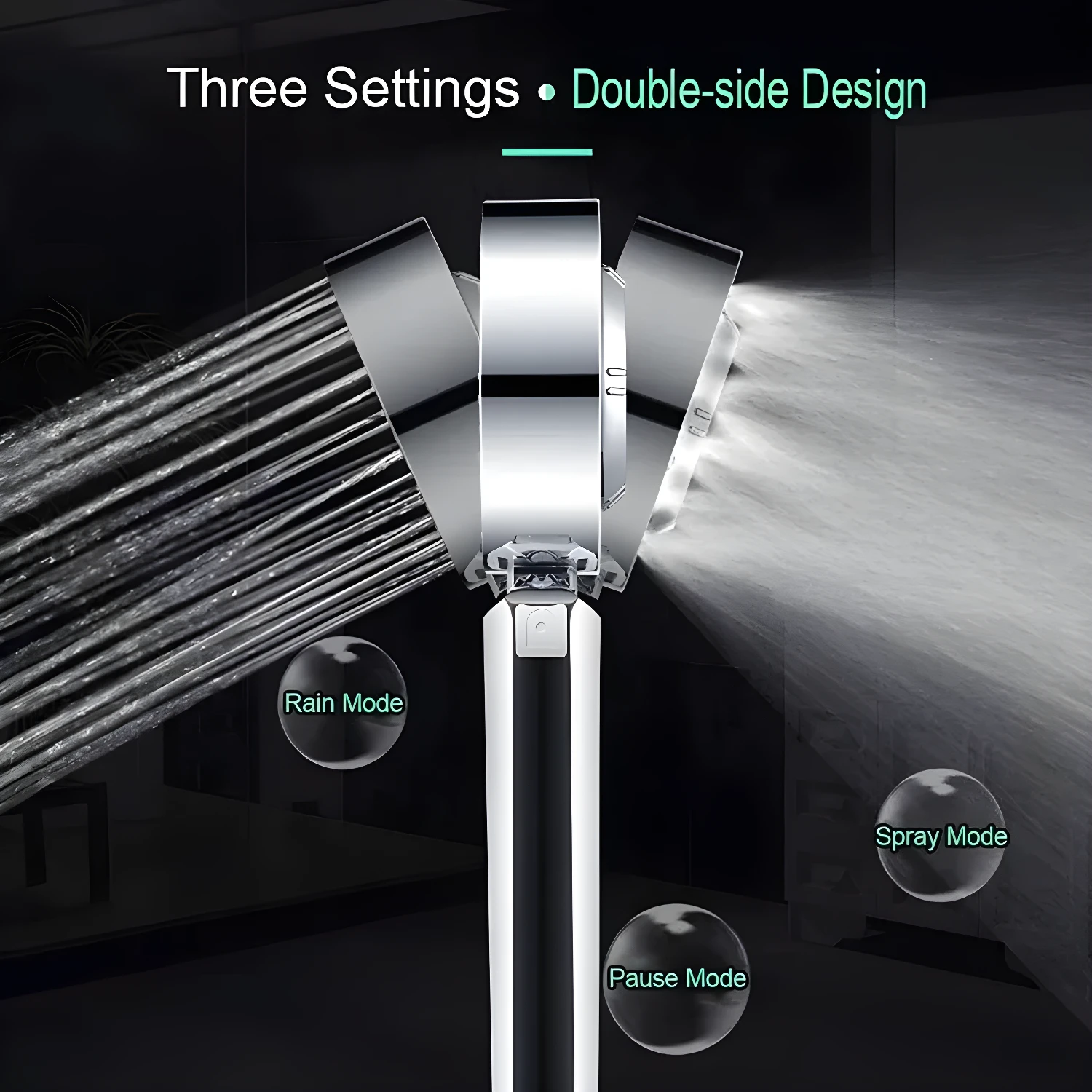 Ducha multifuncional con tres modos: lluvia, spray y pausa. Diseño doble cara.