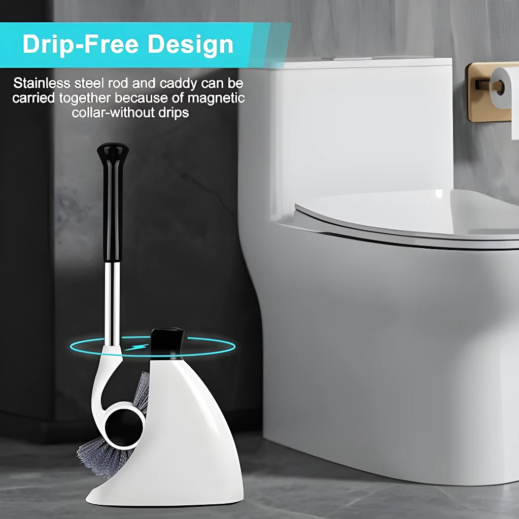 Escobilla de baño magnética con soporte anti-goteo junto a un inodoro blanco.
