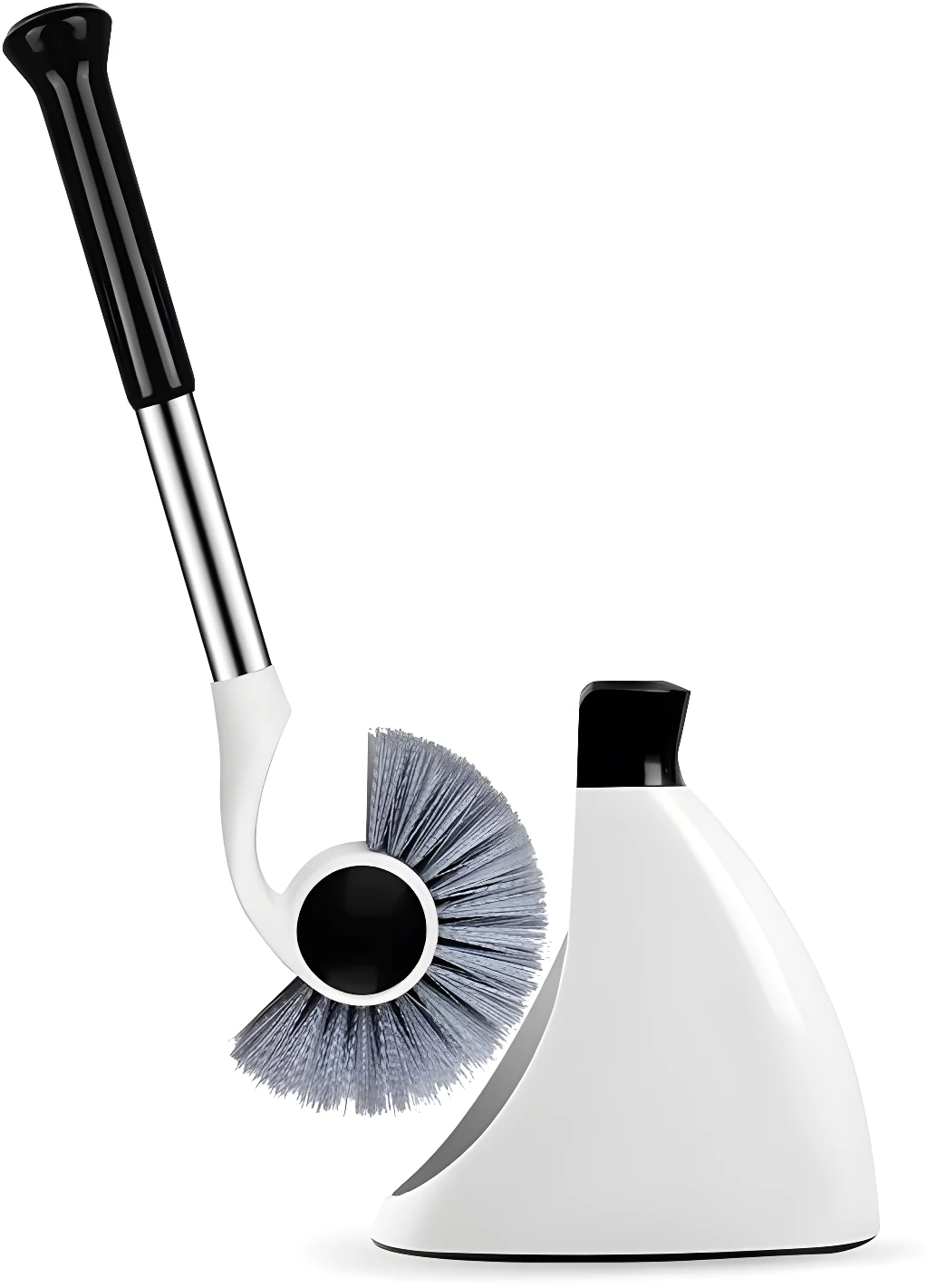 Escobilla de baño magnética con soporte, diseño moderno y cerdas resistentes.
