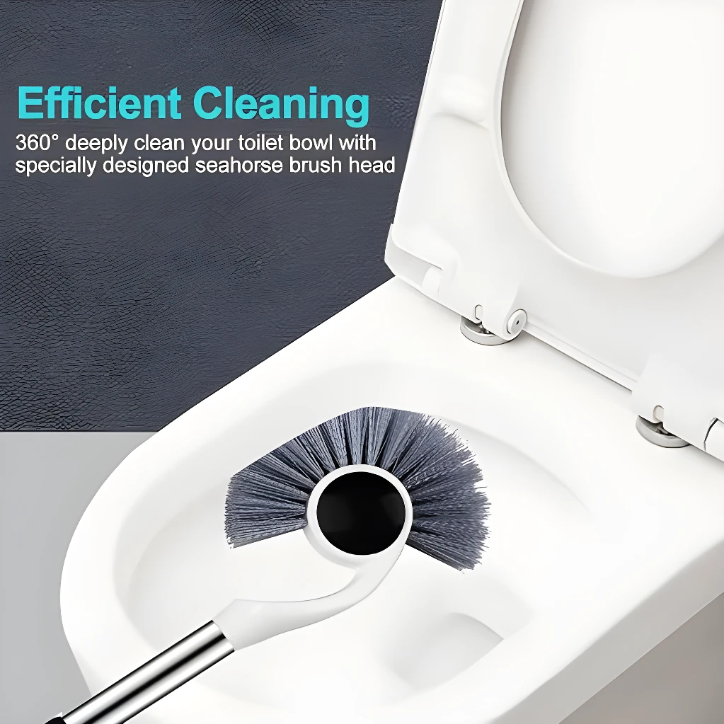 Escobilla de baño magnética con cepillo en forma de caballito de mar limpiando inodoro.