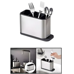 Escurridor de cubiertos metálico con divisiones, ideal para la cocina.