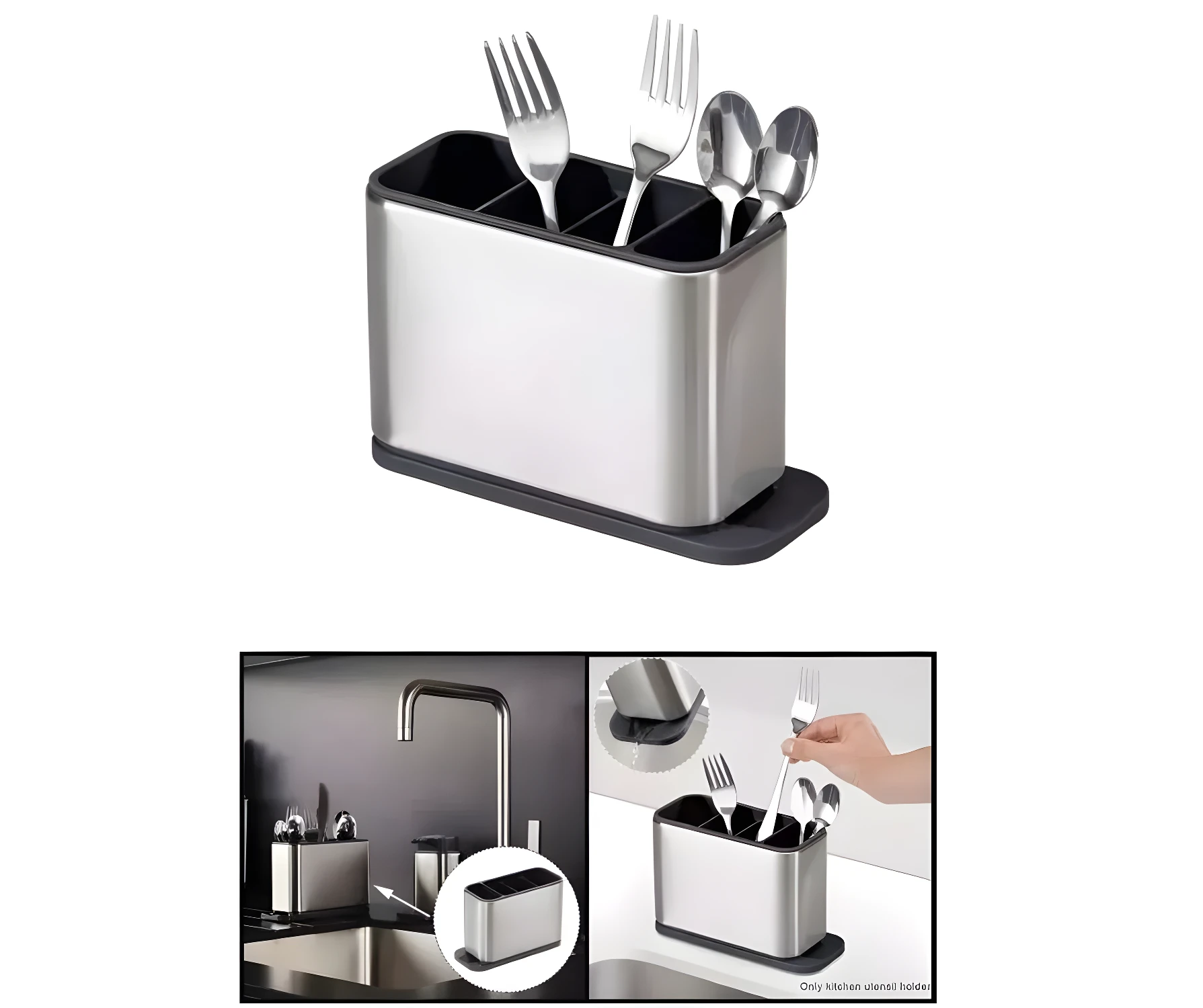 Escurridor de cubiertos metálico con divisiones, ideal para la cocina.