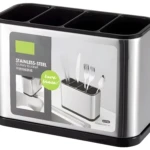 Escurridor de cubiertos y utensilios de acero inoxidable con divisores para organización en cocina.