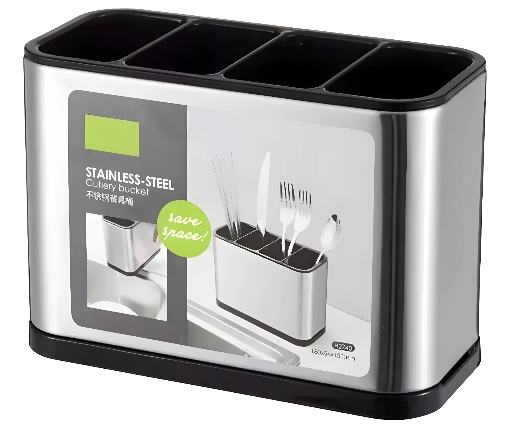 Escurridor de cubiertos y utensilios de acero inoxidable con divisores para organización en cocina.