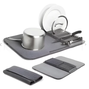 Escurridor de platos de cocina de microfibra, gris, para fregadero.