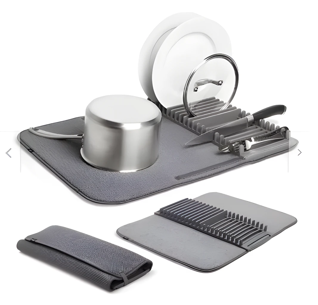 Escurridor de platos de cocina de microfibra, gris, para fregadero.