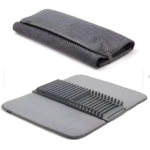 Escurridor de platos plegable gris para cocina, ideal para fregadero, diseño moderno.