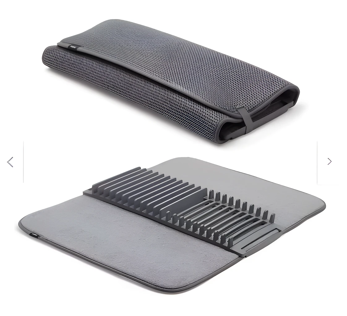 Escurridor de platos plegable gris para cocina, ideal para fregadero, diseño moderno.