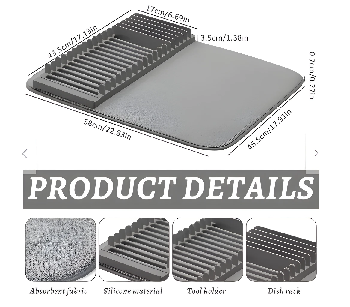 Escurridor de platos para cocina, fregadero, multifuncional, gris, 58x45.5 cm.