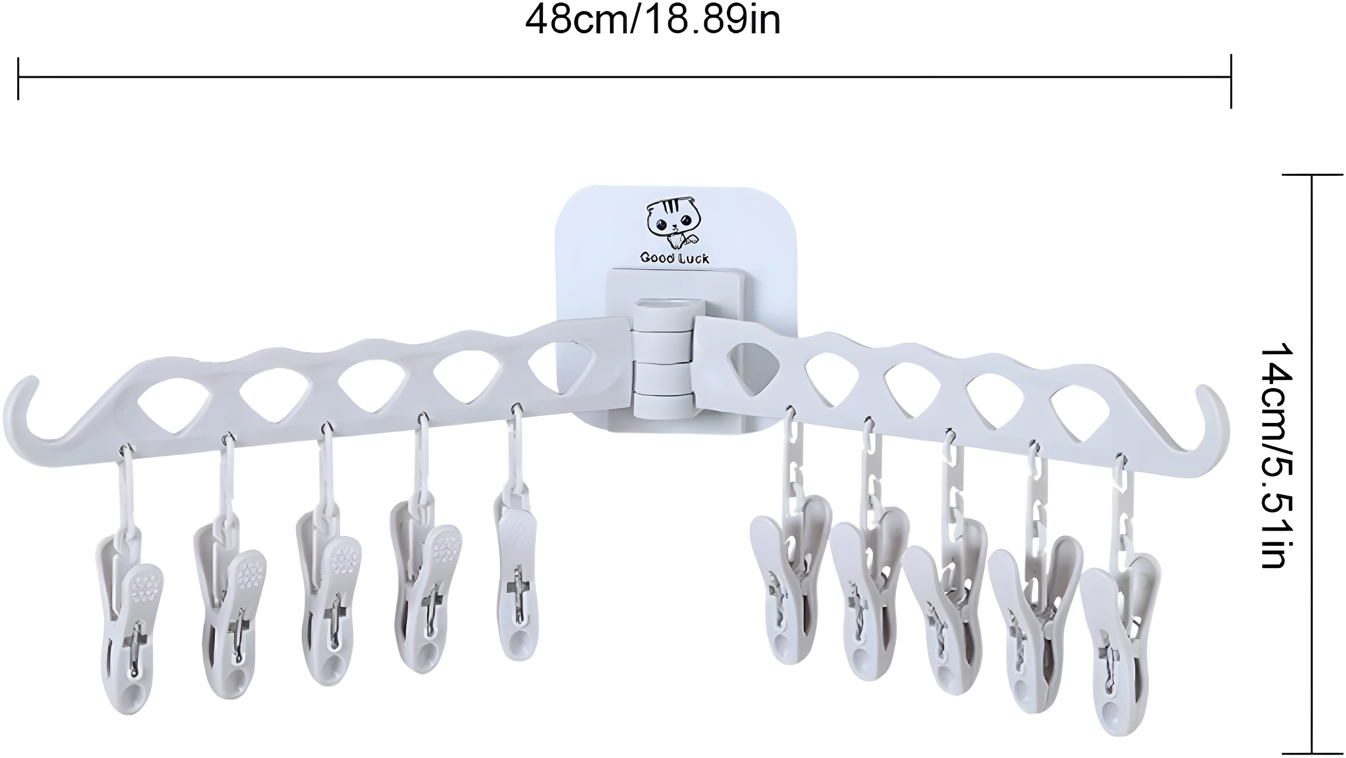 Estante de secado rápido multiclip con 12 ganchos para colgar ropa, diseño de gato "Good Luck".