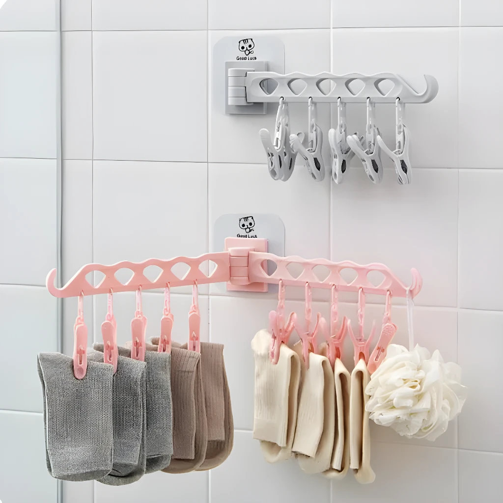 Estante de secado multiclip para calcetines con ganchos, ideal para baño.