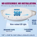 Estante esquinero giratorio 360° con luces LED resistentes al agua y ganchos ajustables.