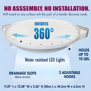 Estante esquinero giratorio 360° con luces LED resistentes al agua y ganchos ajustables.