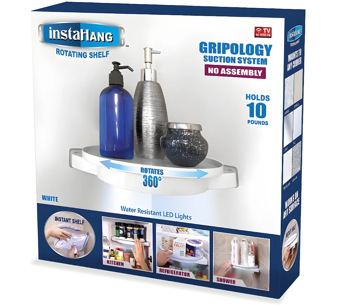 Estante esquinero giratorio InstaHang con succión para organizar y almacenar hasta 10 libras.