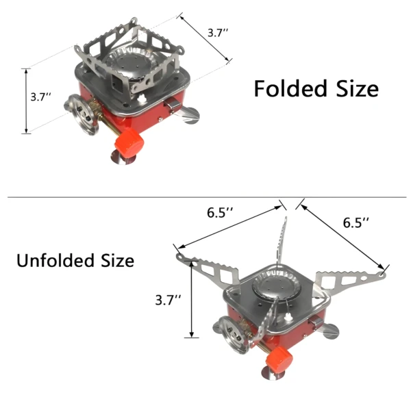 Estufa portátil de gas butano plegada de 3.7" y desplegada de 6.5".