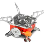 Estufa de gas butano portátil compacta con soportes plegables, ideal para camping.