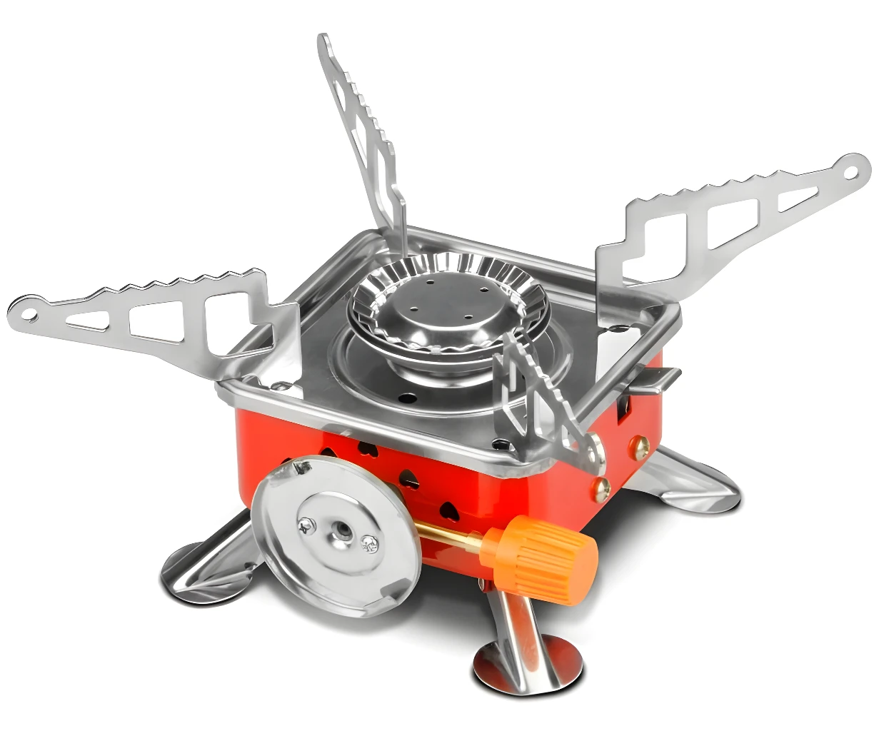 Estufa de gas butano portátil compacta con soportes plegables, ideal para camping.