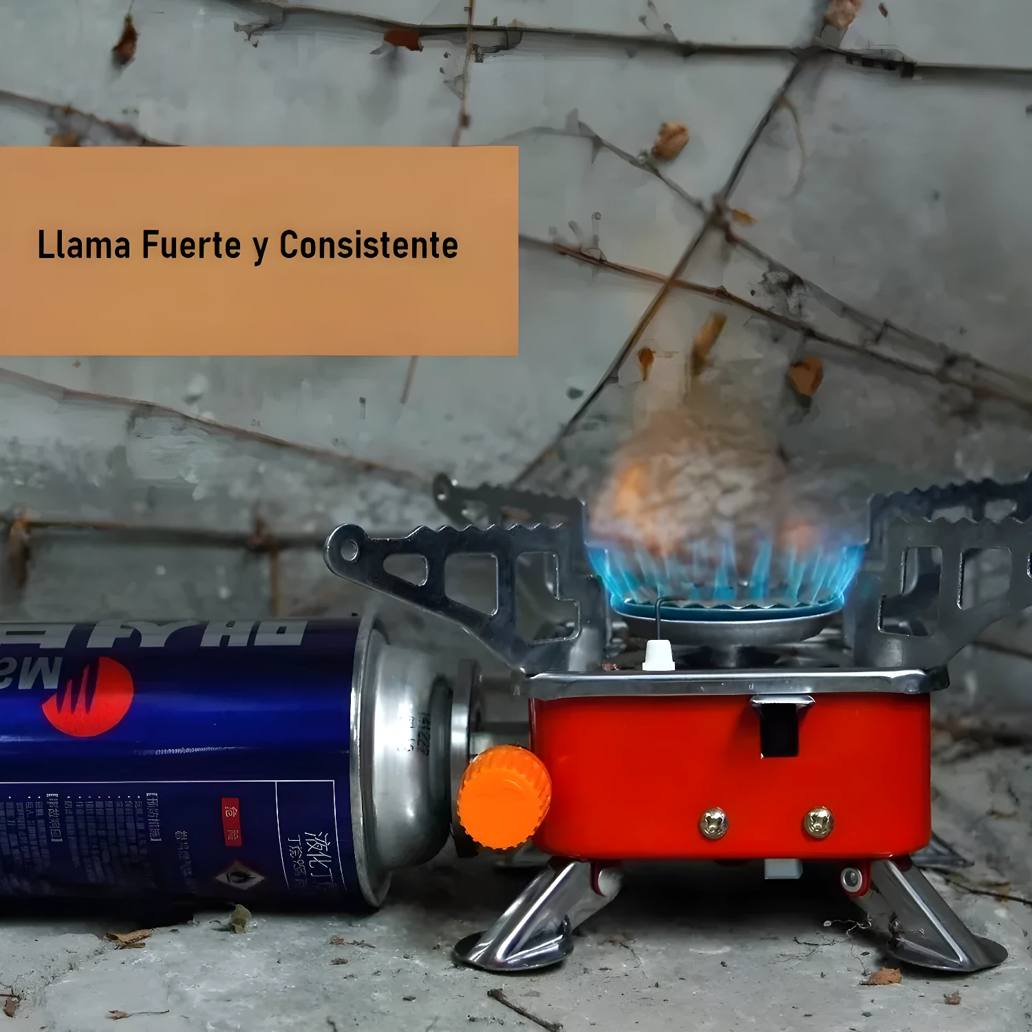 Estufa de gas butano con llama fuerte y consistente, ideal para camping y exteriores.