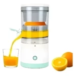 Exprimidor eléctrico de naranjas y limones, jarra y vaso con zumo fresco.