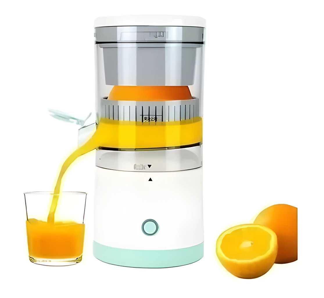 Exprimidor eléctrico de naranjas y limones, jarra y vaso con zumo fresco.