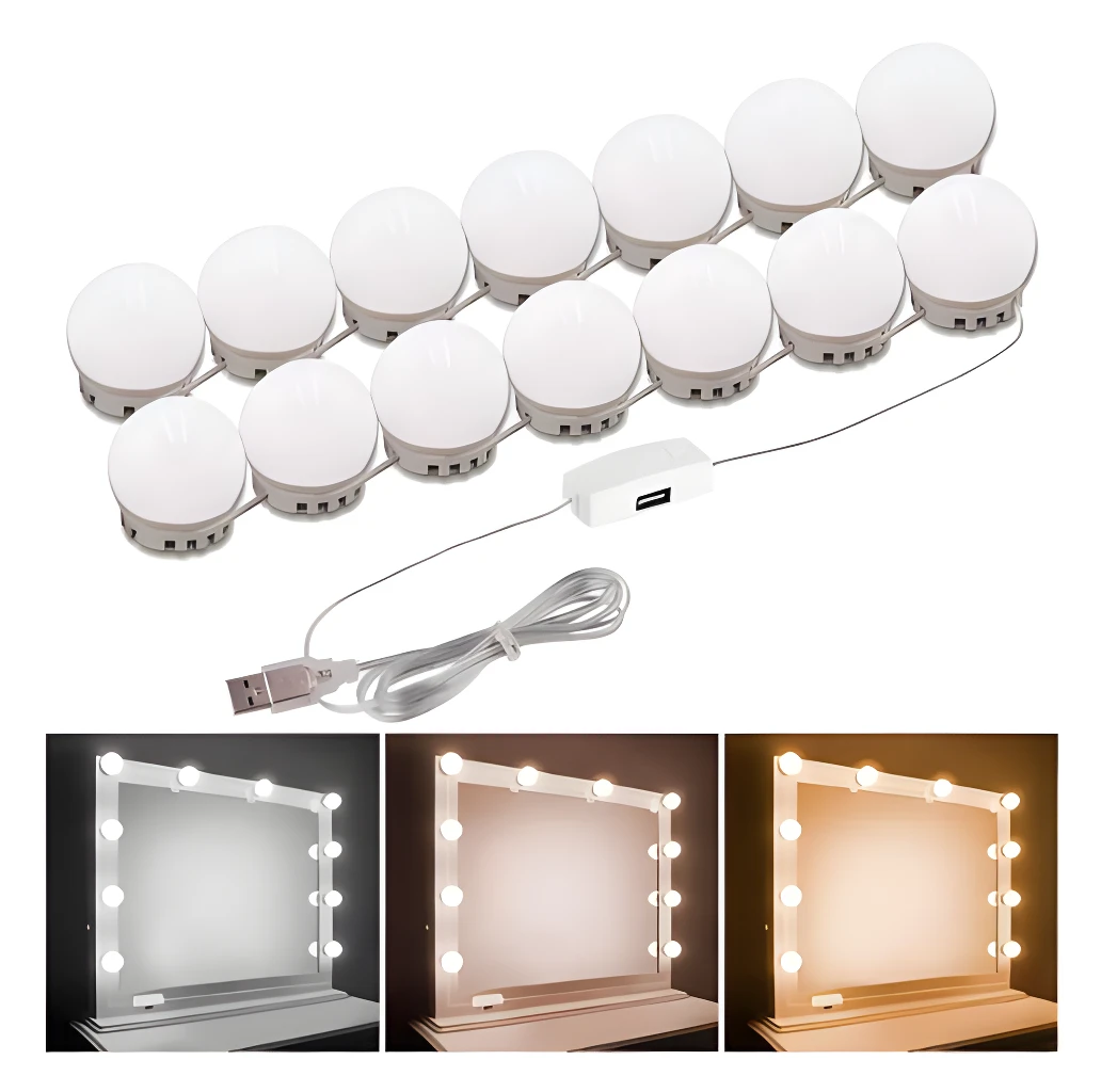 Extensión de luces LED para espejo de maquillaje, 10 bombillas con USB y regulador de intensidad.