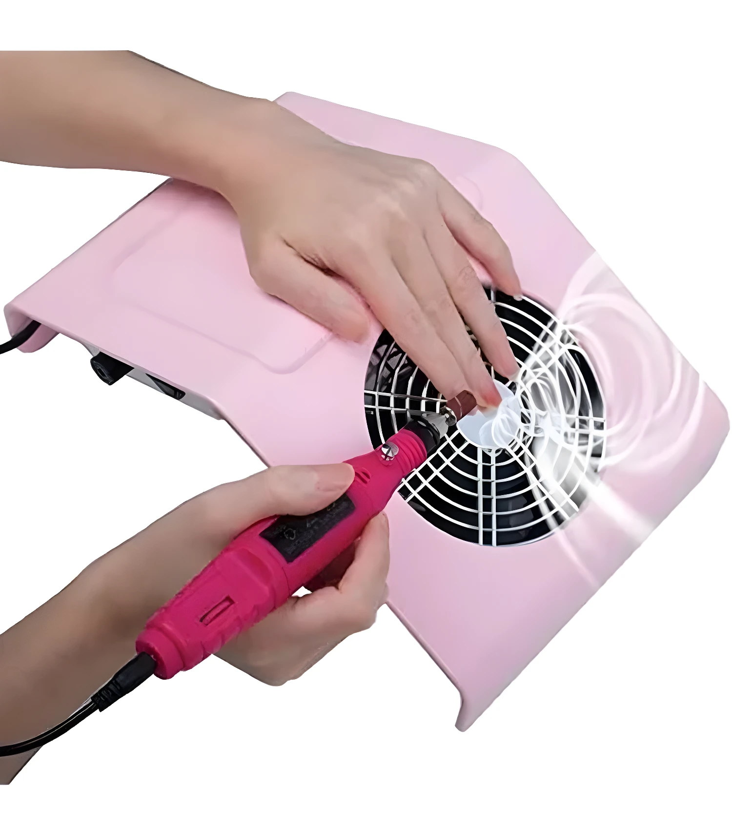 Extractor de polvo para uñas rosa con broca eléctrica y manos manicuradas.