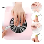 Extractor de polvo para uñas rosa con kit de manicura y herramientas para uñas.