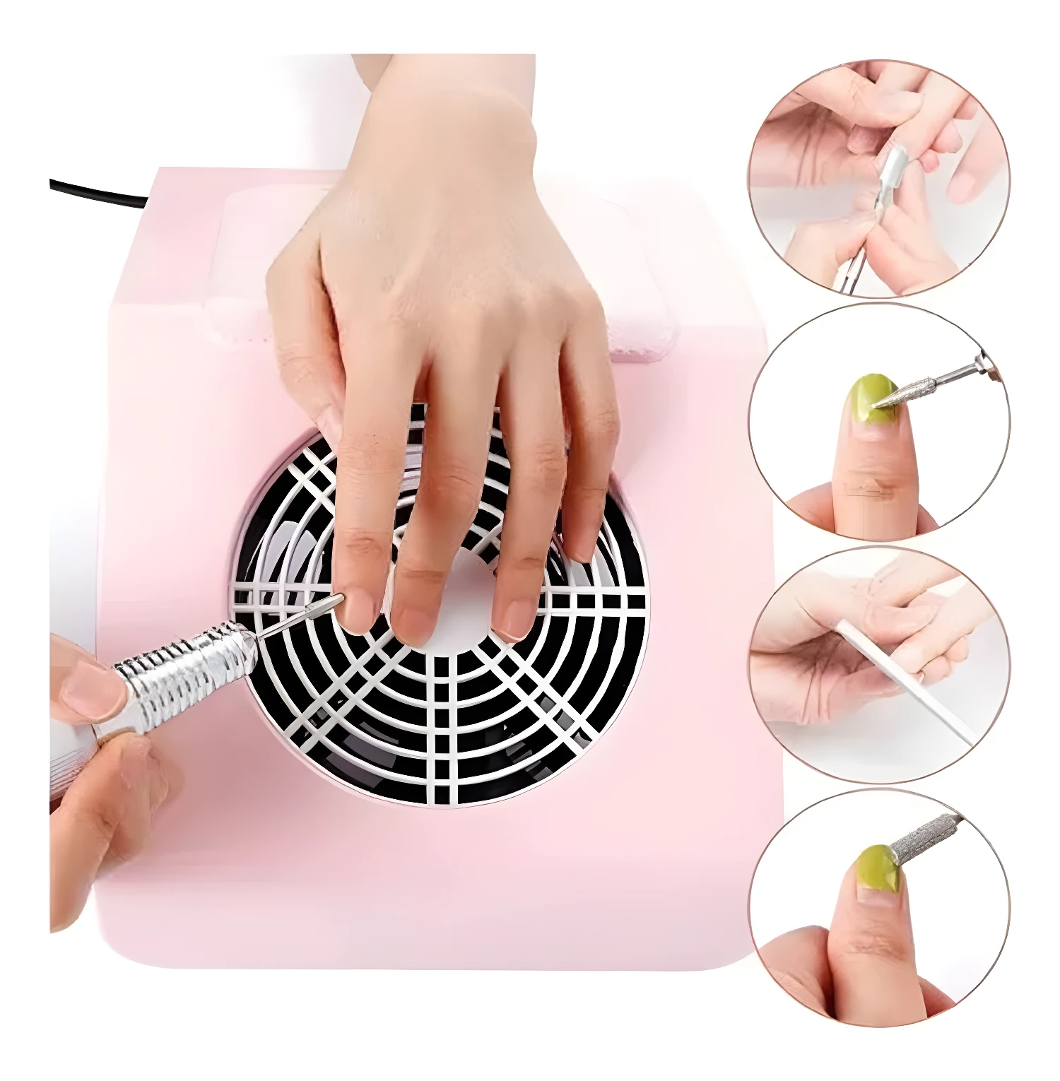 Extractor de polvo para uñas rosa con kit de manicura y herramientas para uñas.