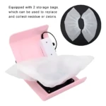 Extractor de polvo de uñas rosa con dos bolsas recolectoras, ideal para manicura profesional.