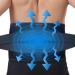Faja de compresión gel para lumbar con flechas indicando flujo de aire y círculos de difusión de energía.
