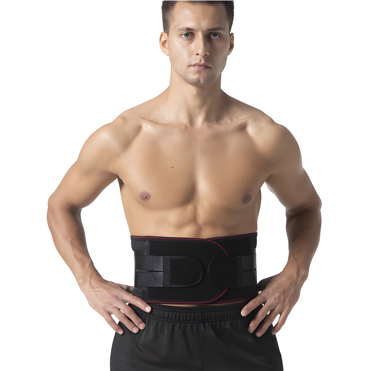 Faja ortopédica negra para hombre con corrector de postura, ideal para soporte lumbar.