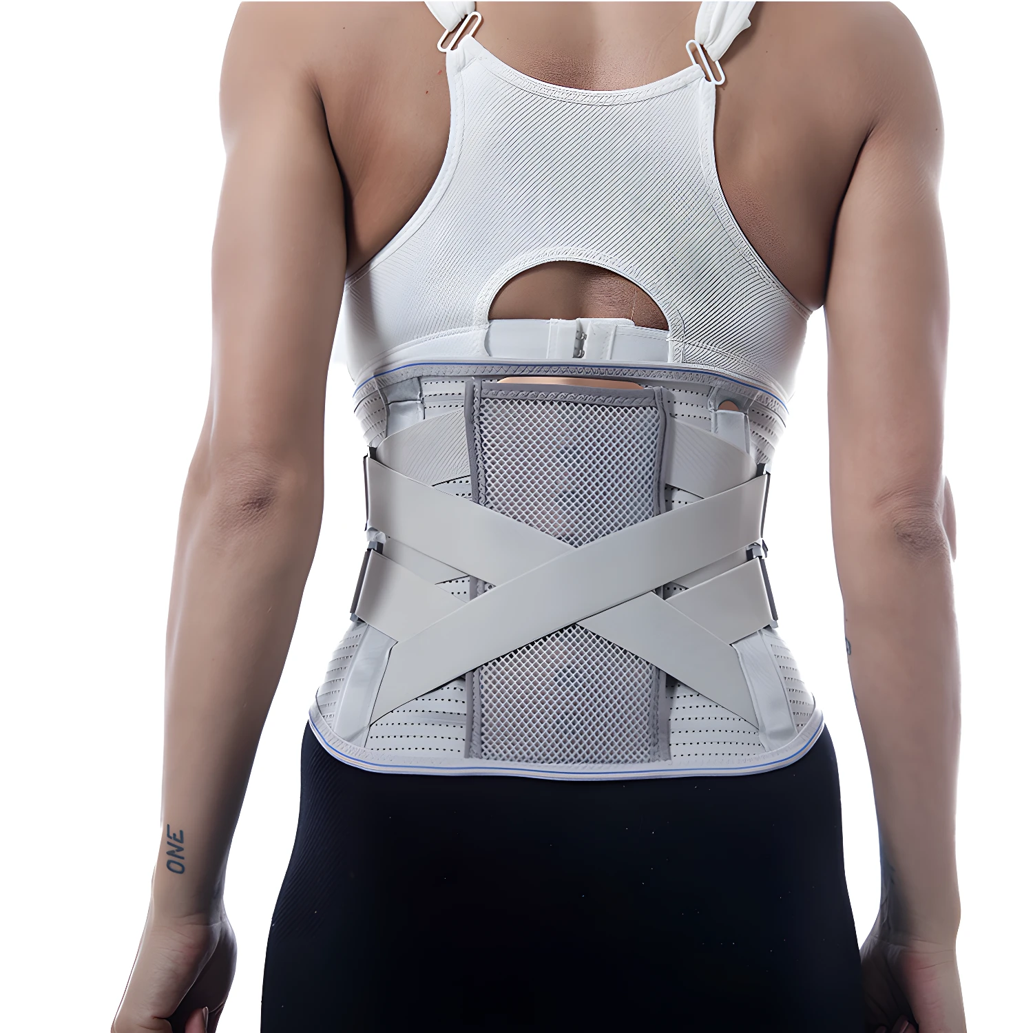 Faja ortopédica correctora de postura, vista posterior, brinda soporte lumbar y mejora la alineación.