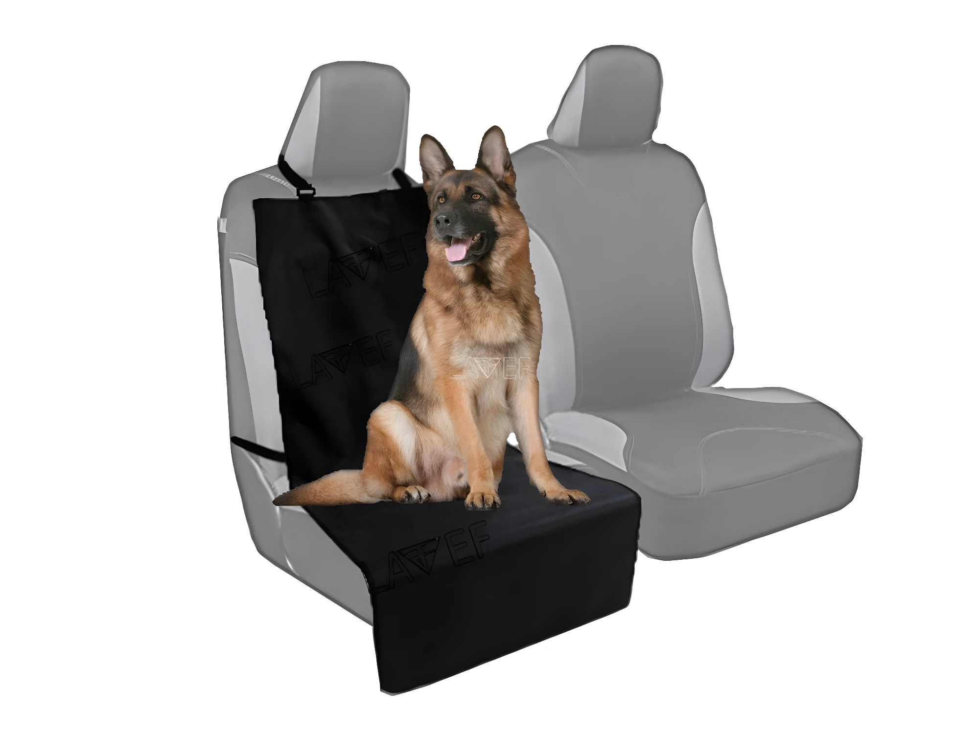 Forro protector para carro para mascotas: perro pastor alemán sobre cubierta de asiento delantero.