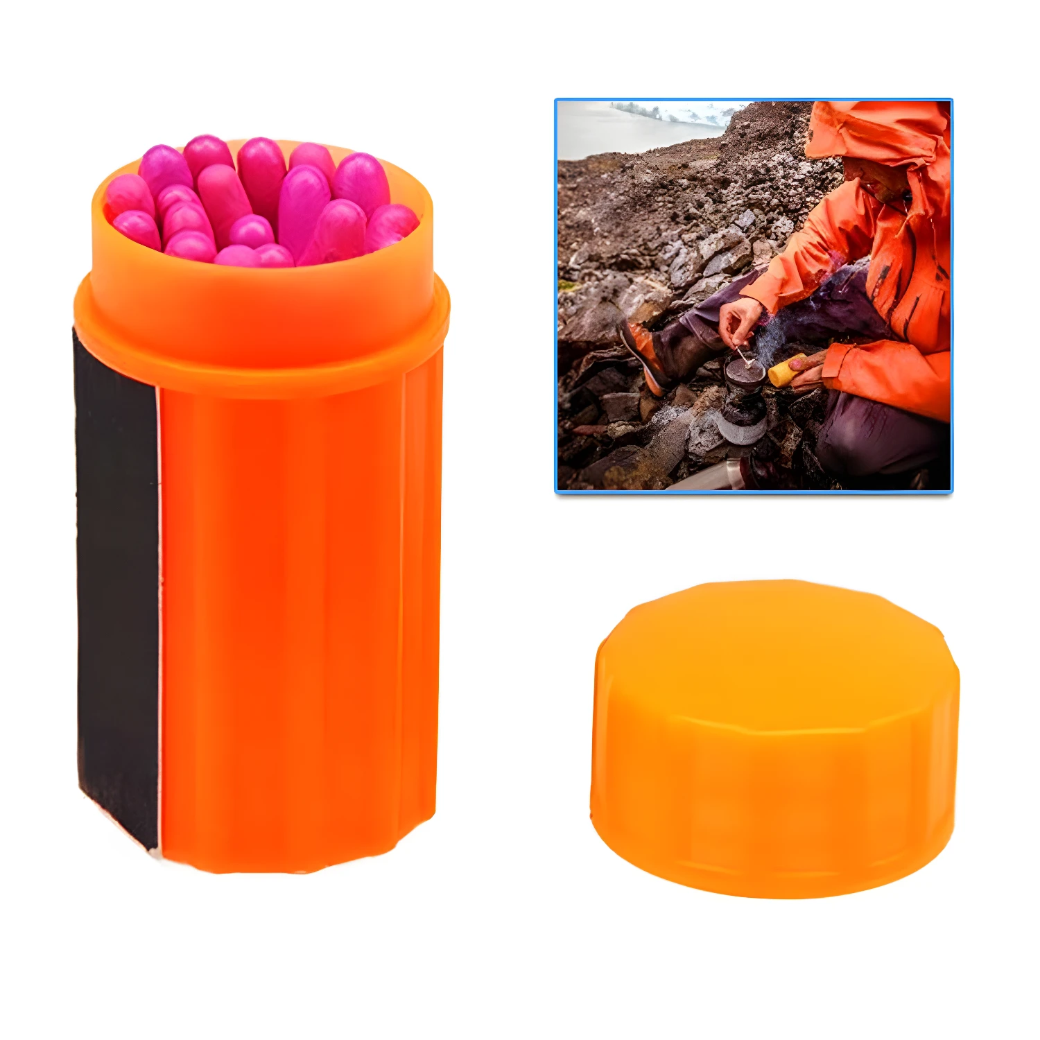 Fósforos impermeables X20 para camping, en estuche naranja con tapa, listos para usar.