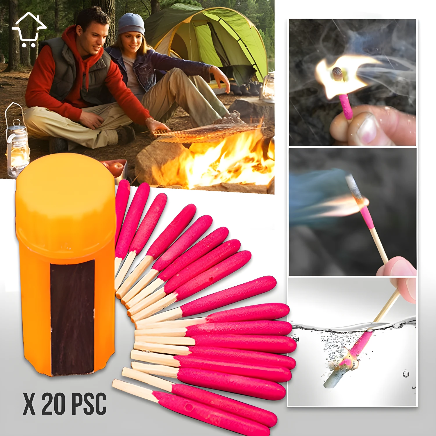 Fósforos impermeables x20 para camping: enciende tu fogata con seguridad y facilidad.